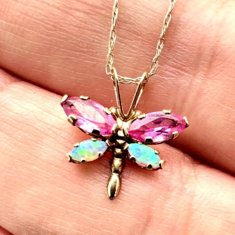 Womens Necklace 10K Yellow Pink Sapphire Opal Butterfly Pendant